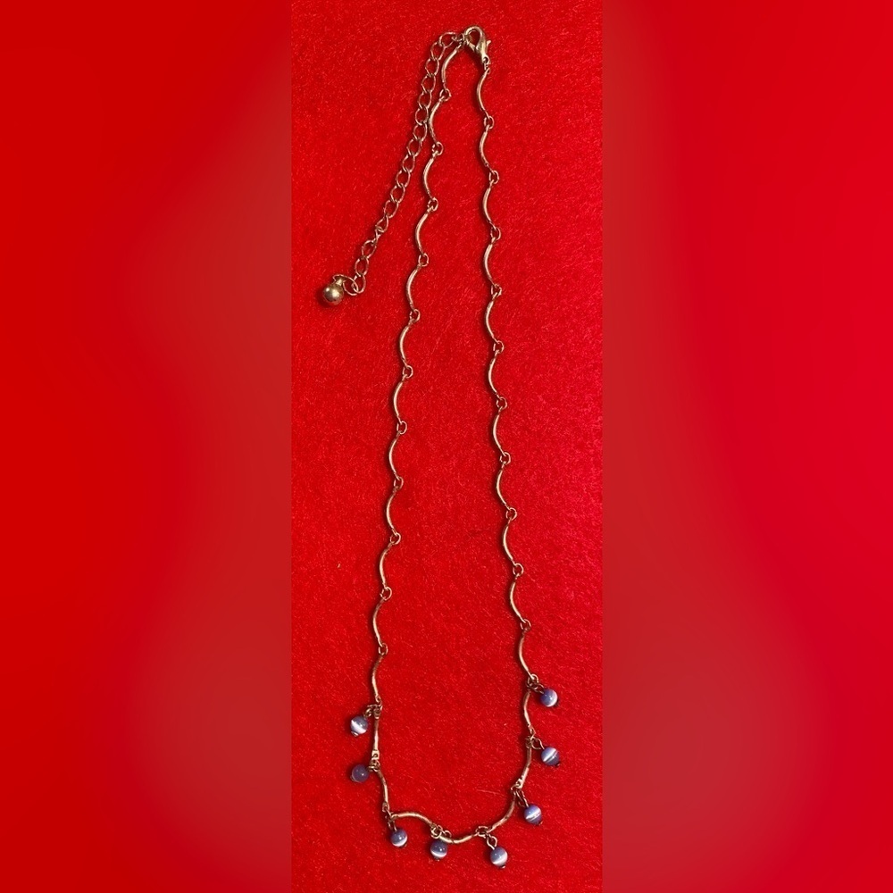 Necklace Silver Tone Metal W/Curved Wave-like Links & Blue Glass Beads Vintage